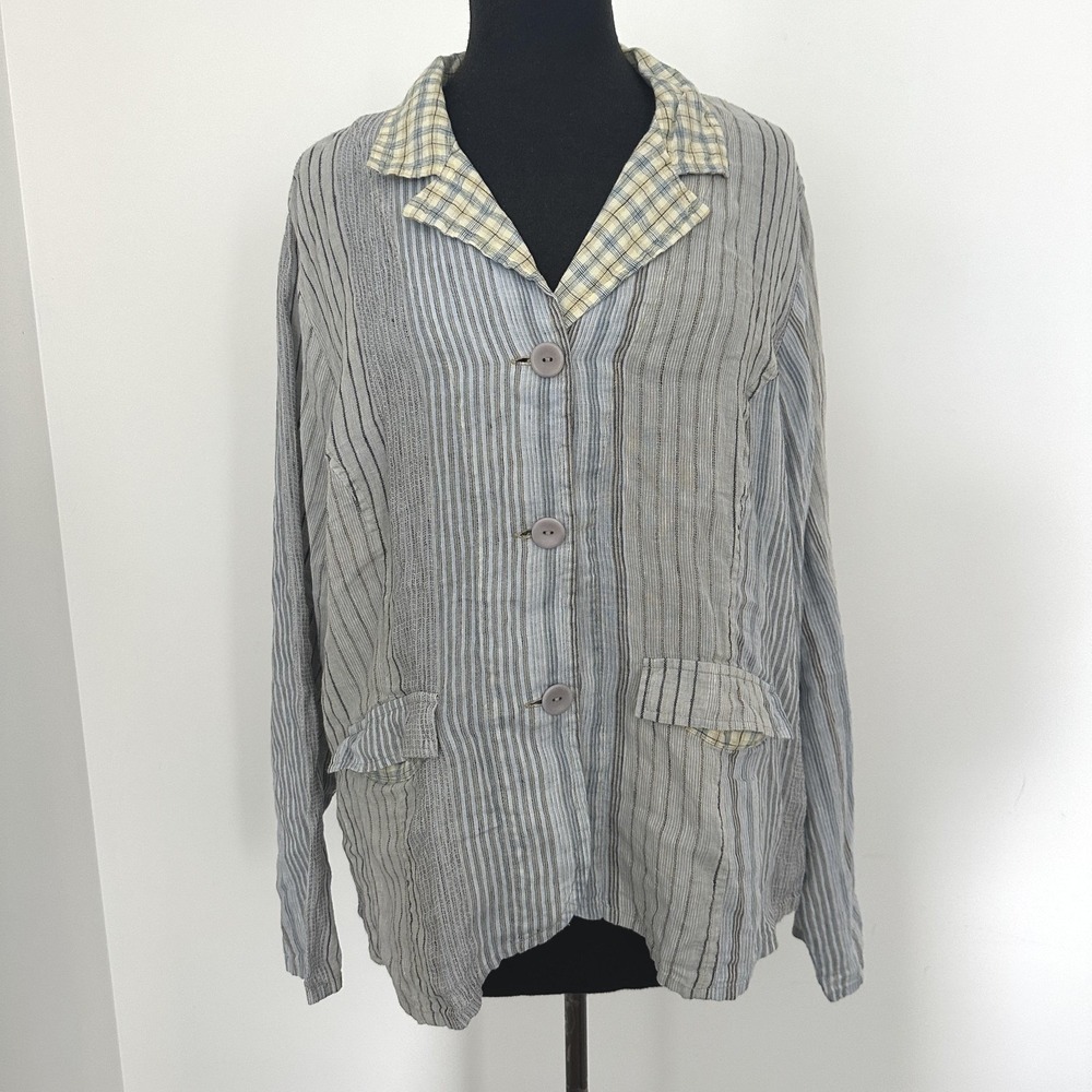 Flax Blazer Jacket Womens Large Gray‎ Striped Linen Plaid Collar Artsy Boho